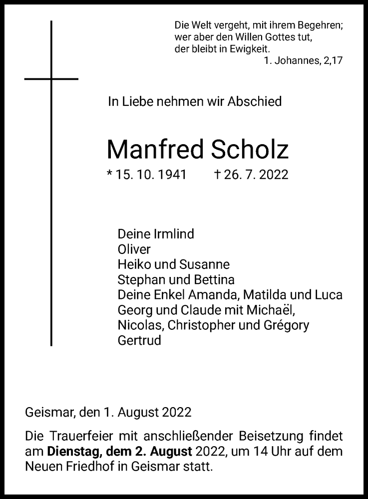  Traueranzeige für Manfred Scholz vom 01.08.2022 aus HNA