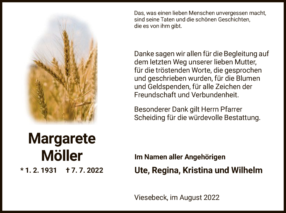  Traueranzeige für Margarete Möller vom 20.08.2022 aus HNA