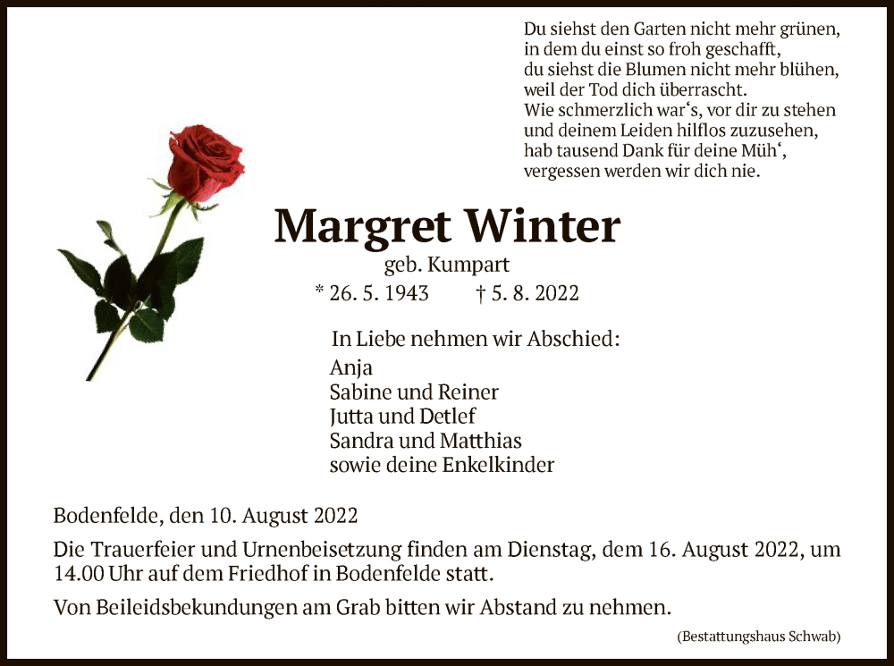  Traueranzeige für Margret Winter vom 10.08.2022 aus HNA