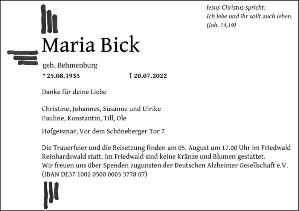  Traueranzeige für Maria Bick vom 02.08.2022 aus HNA
