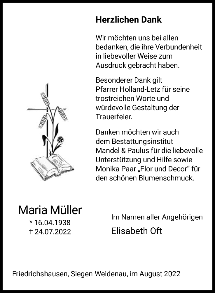  Traueranzeige für Maria Müller vom 22.08.2022 aus HNA