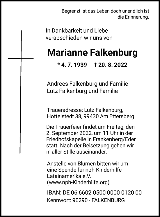 Traueranzeige von Marianne Falkenburg von HNA