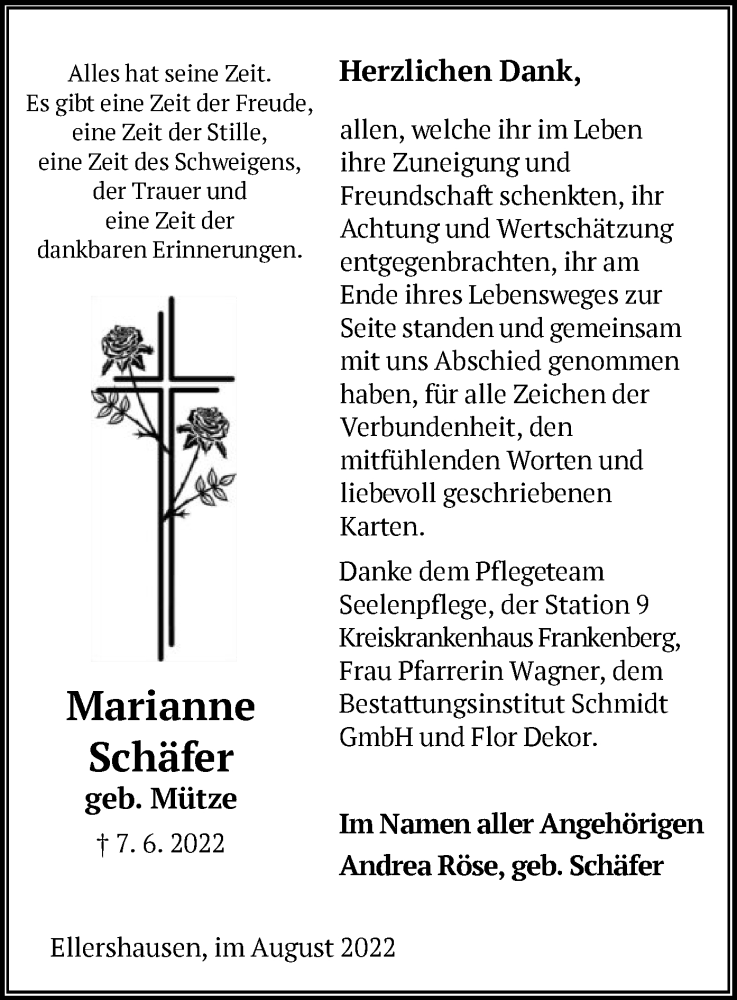  Traueranzeige für Marianne Schäfer vom 20.08.2022 aus HNA