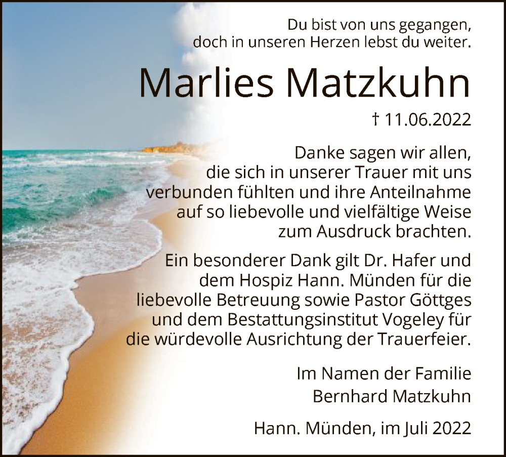  Traueranzeige für Marlies Matzkuhn vom 06.08.2022 aus HNA