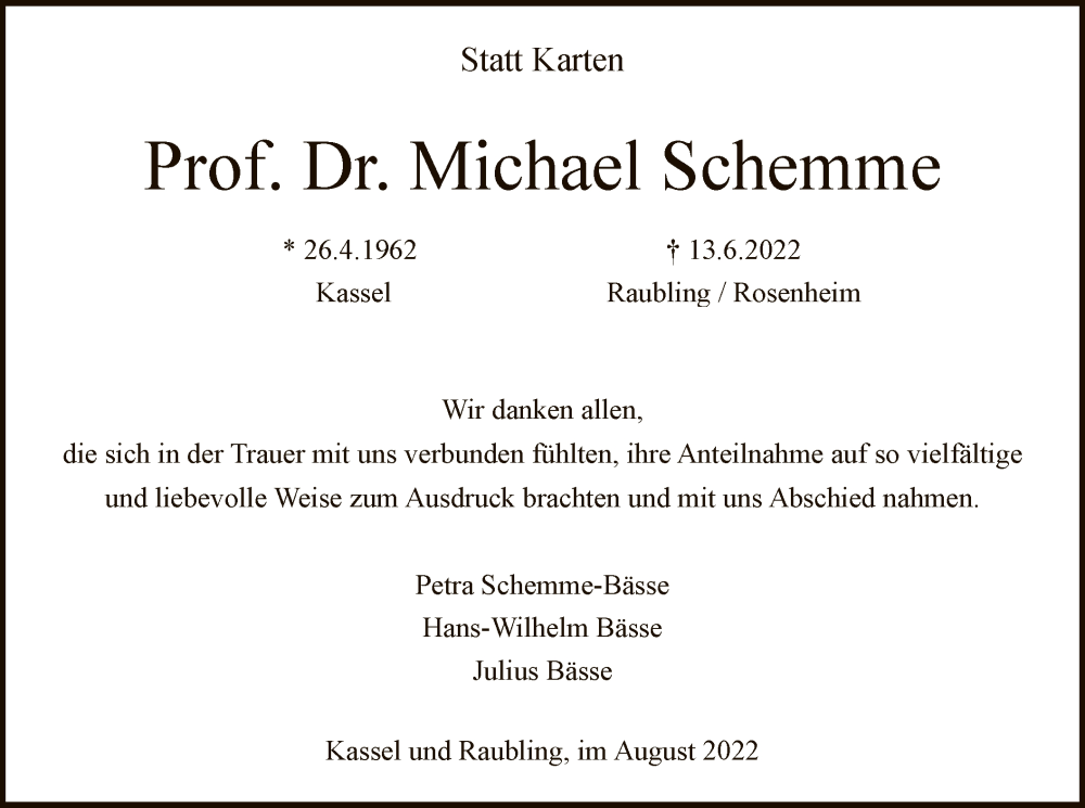  Traueranzeige für Michael Schemme vom 06.08.2022 aus HNA