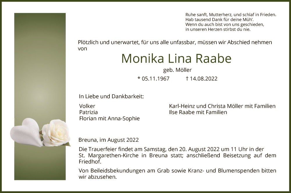  Traueranzeige für Monika Lina Raabe vom 18.08.2022 aus HNA