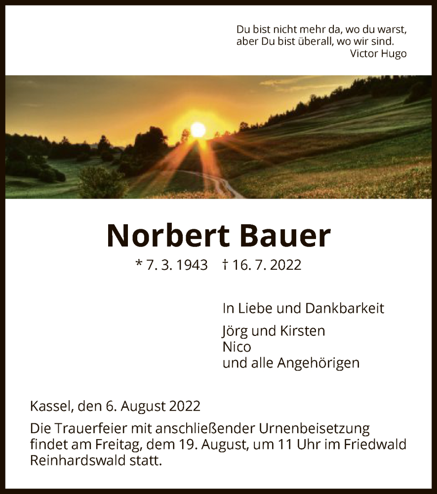  Traueranzeige für Norbert Bauer vom 06.08.2022 aus HNA