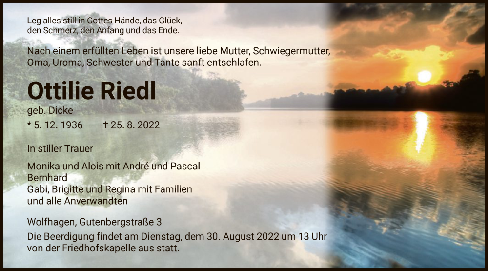  Traueranzeige für Ottilie Riedl vom 27.08.2022 aus HNA