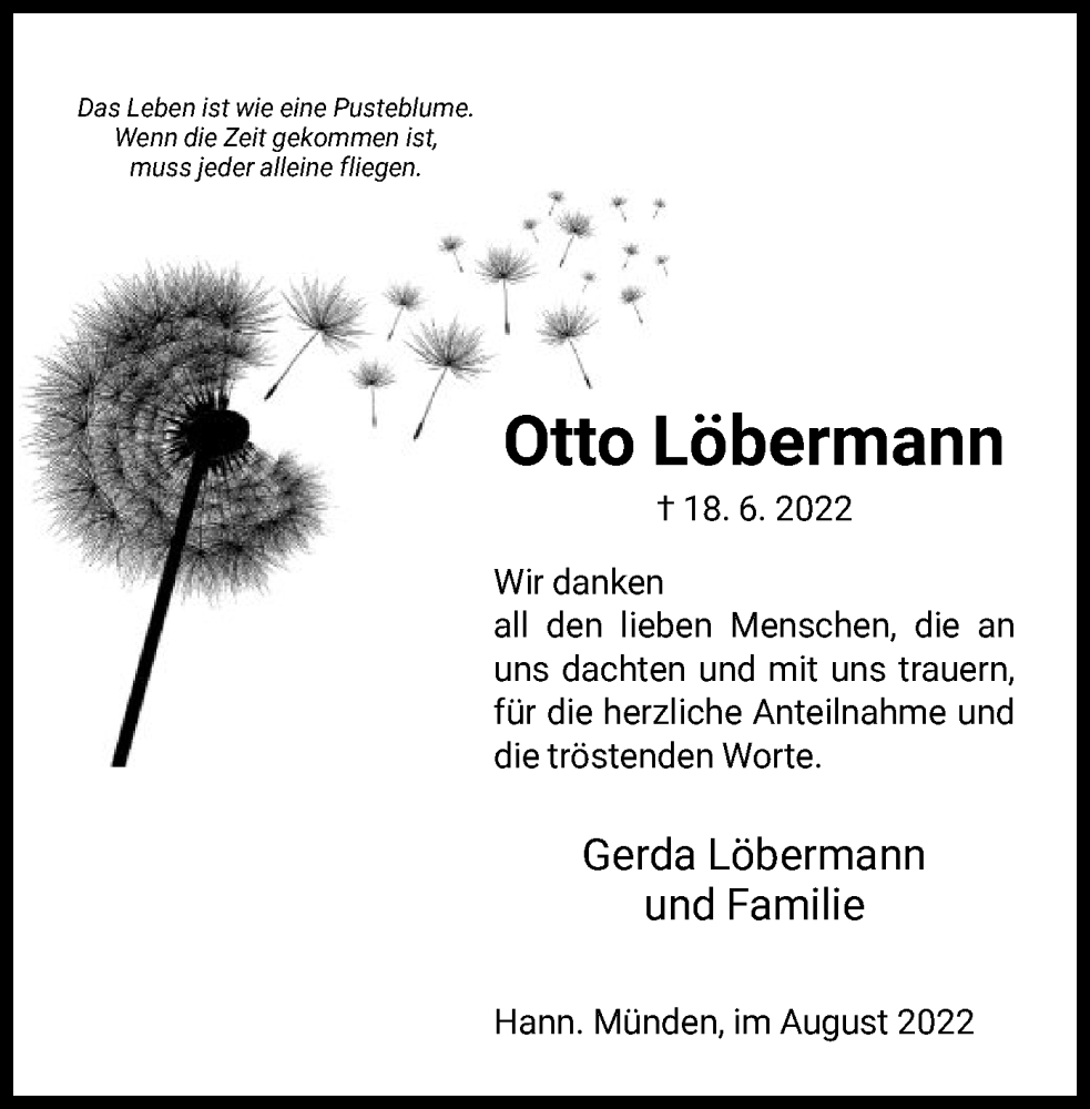  Traueranzeige für Otto Löbermann vom 20.08.2022 aus HNA