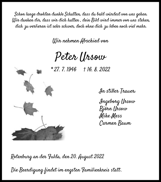 Traueranzeige von Peter Ursow von HNA