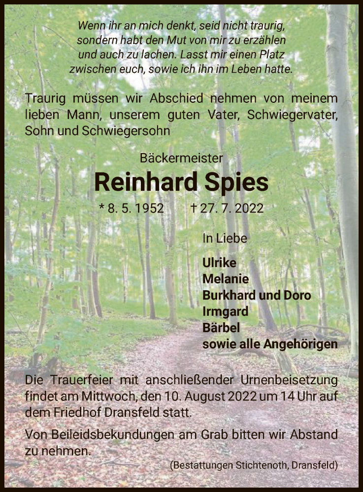  Traueranzeige für Reinhard Spies vom 06.08.2022 aus HNA