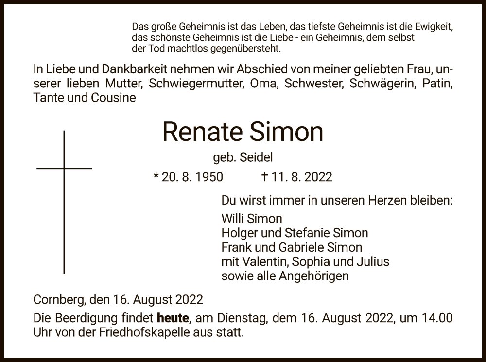  Traueranzeige für Renate Simon vom 16.08.2022 aus HNA