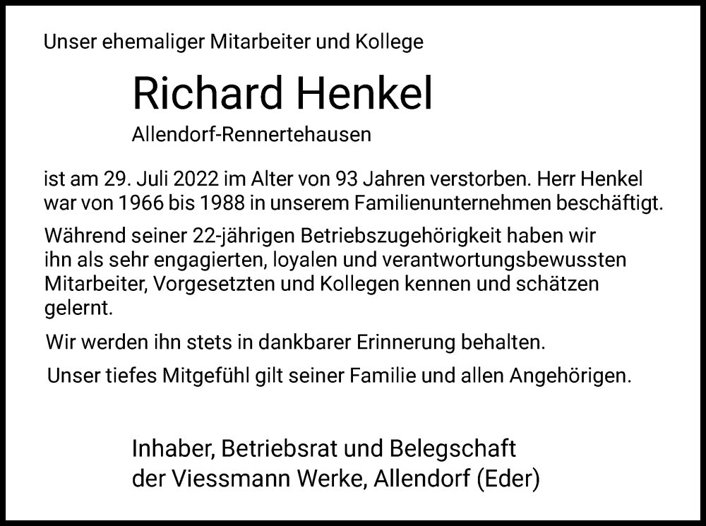  Traueranzeige für Richard Henkel vom 10.08.2022 aus HNA