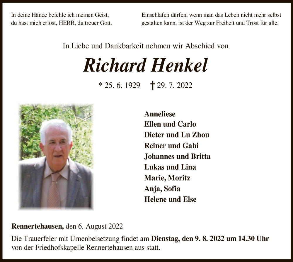  Traueranzeige für Richard Henkel vom 06.08.2022 aus HNA