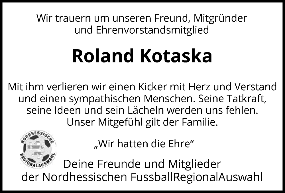  Traueranzeige für Roland Kotaska vom 20.08.2022 aus HNA