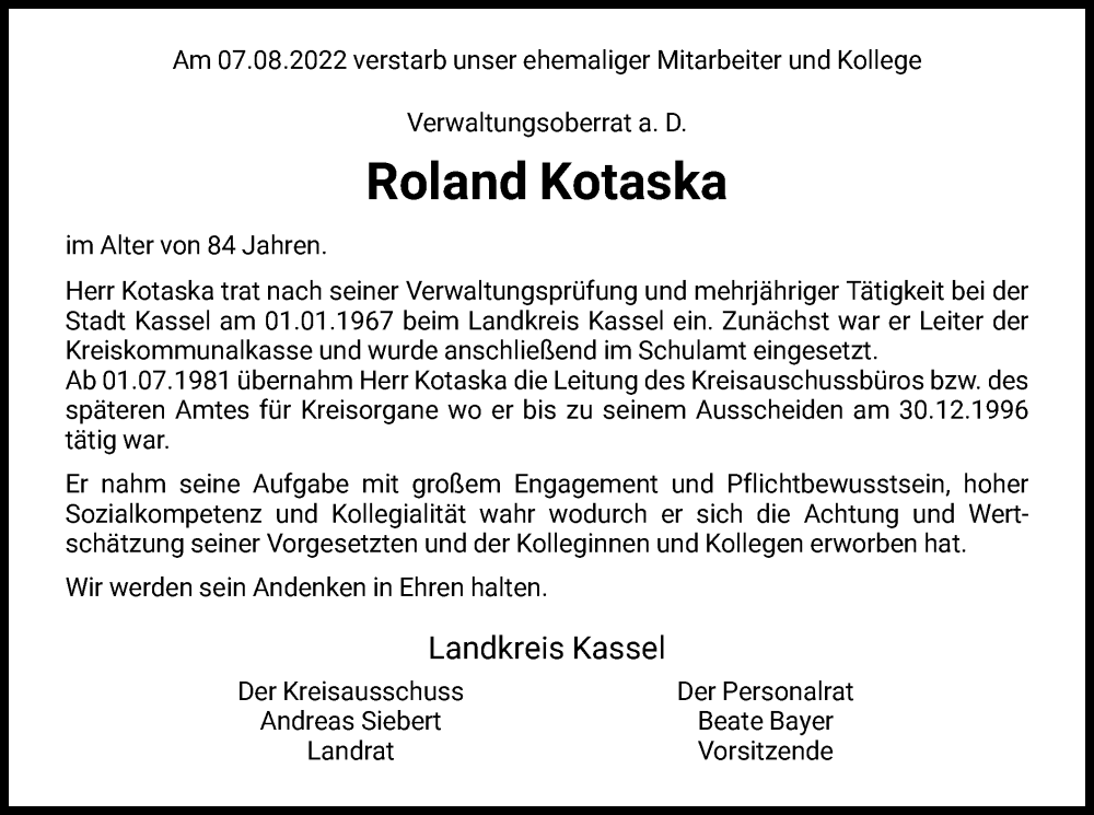  Traueranzeige für Roland Kotaska vom 20.08.2022 aus HNA