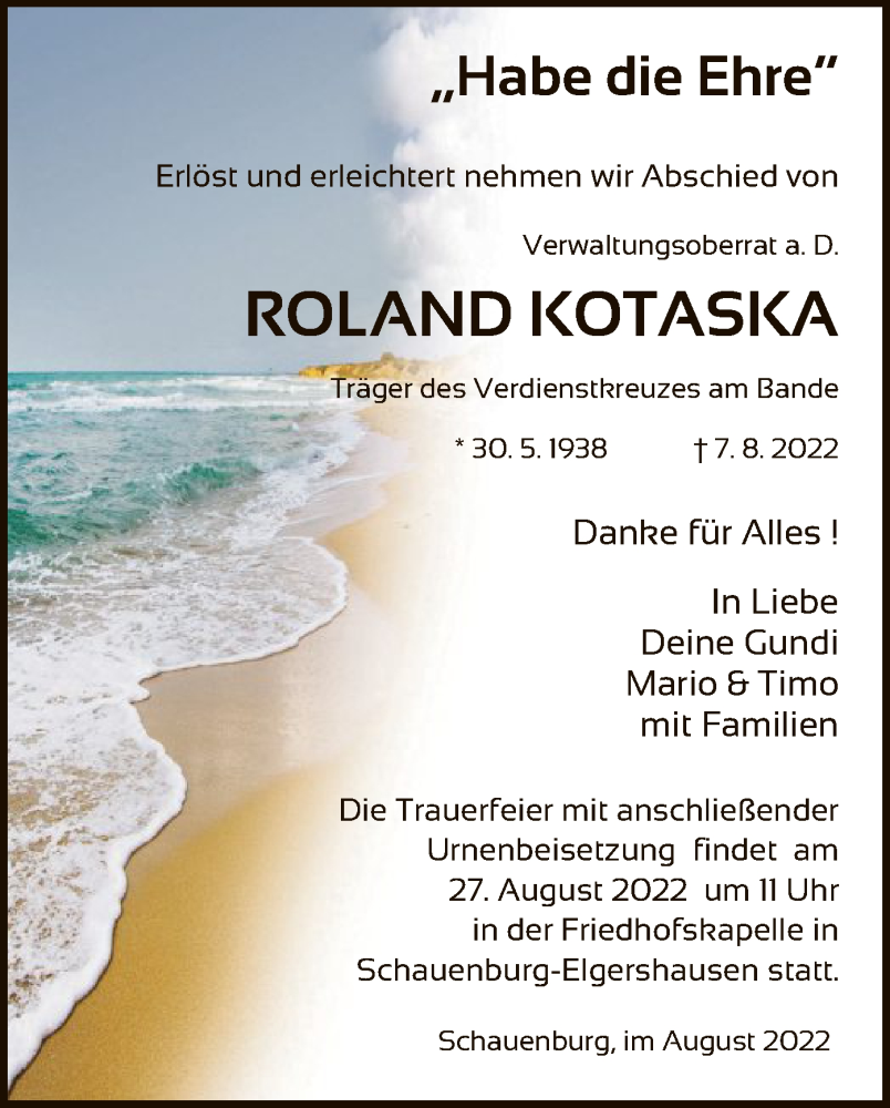  Traueranzeige für Roland Kotaska vom 20.08.2022 aus HNA