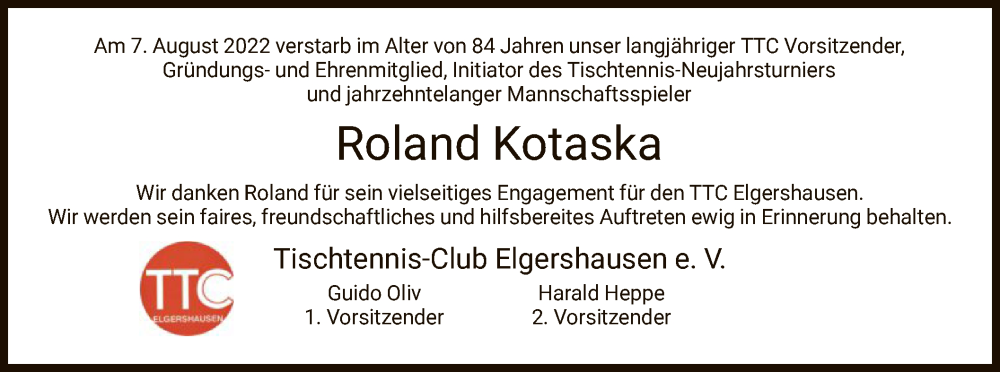  Traueranzeige für Roland Kotaska vom 20.08.2022 aus HNA