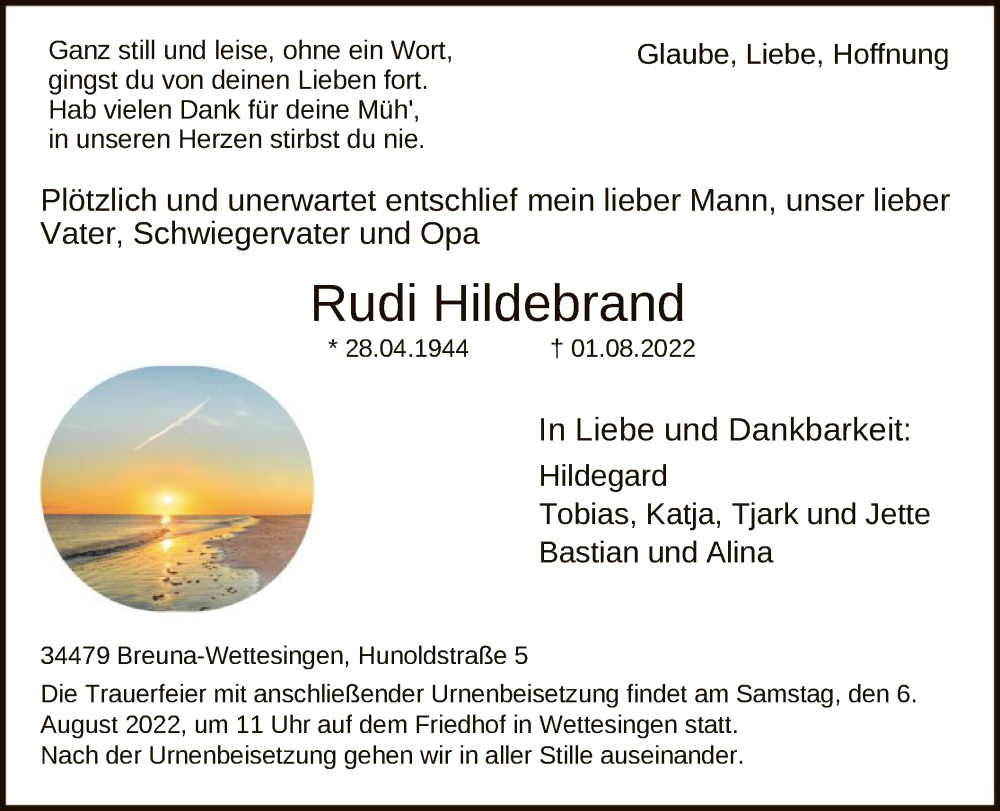  Traueranzeige für Rudi Hildebrand vom 05.08.2022 aus HNA