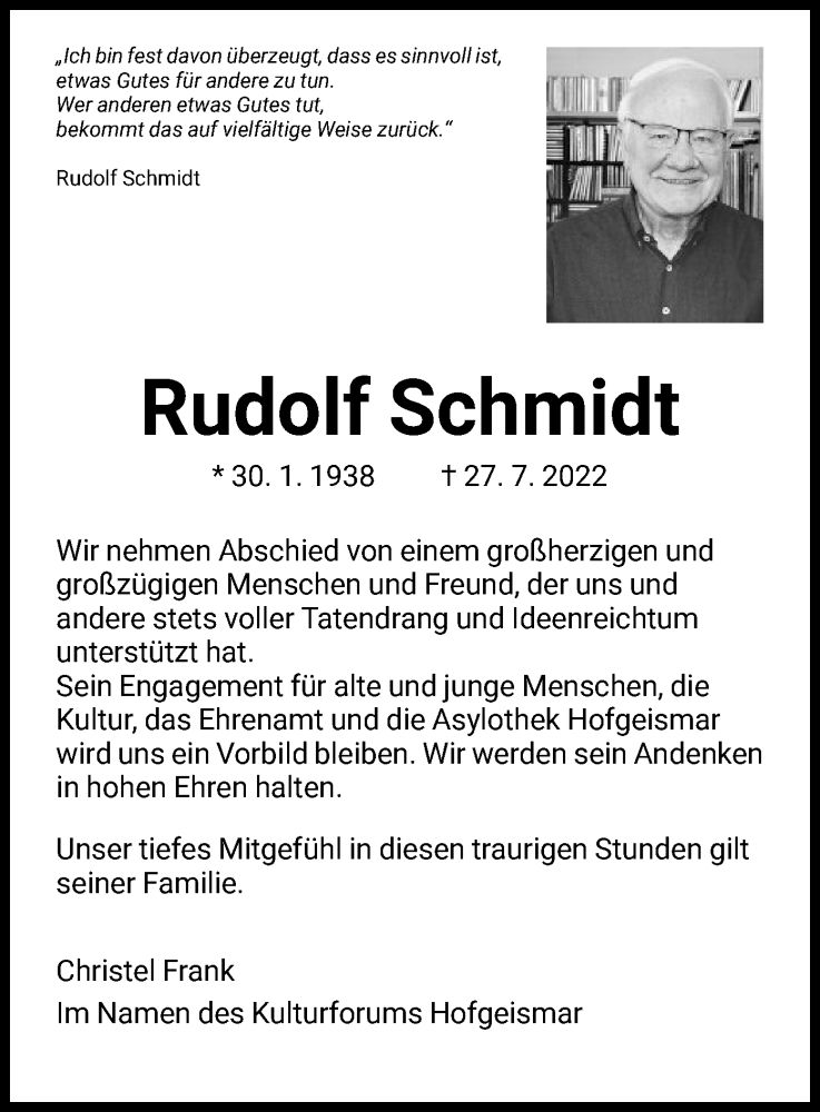  Traueranzeige für Rudolf Schmidt vom 02.08.2022 aus HNA