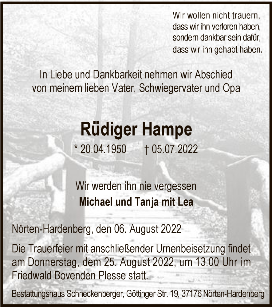  Traueranzeige für Rüdiger Hampe vom 06.08.2022 aus HNA