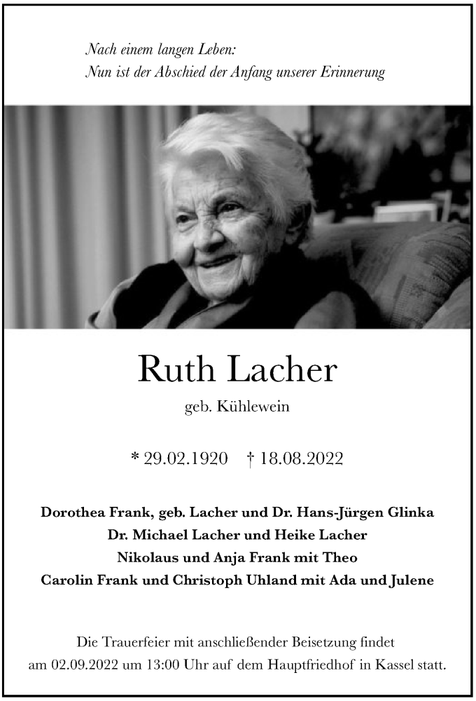  Traueranzeige für Ruth Lacher vom 27.08.2022 aus HNA