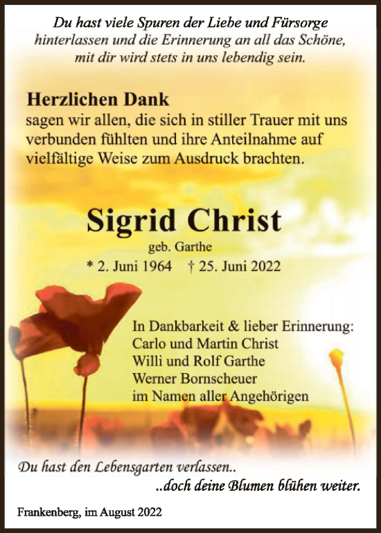 Traueranzeige von Sigrid Christ von HNA