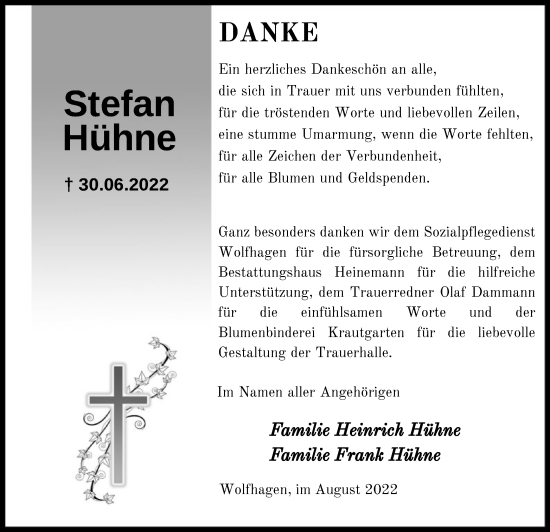Traueranzeige von Stefan Hühne von HNA