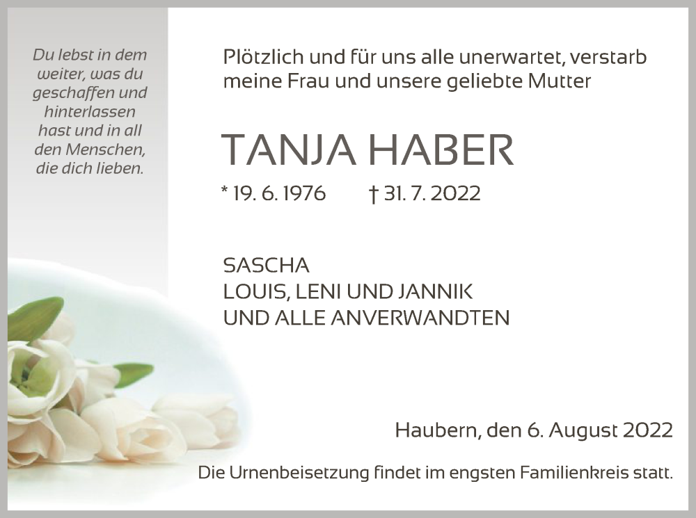  Traueranzeige für Tanja Haber vom 06.08.2022 aus HNA