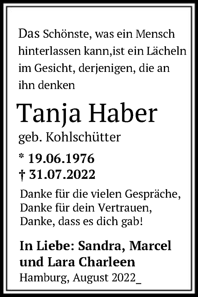  Traueranzeige für Tanja Haber vom 13.08.2022 aus HNA