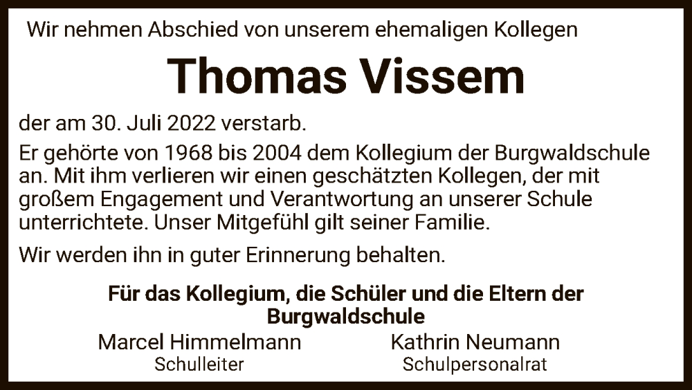  Traueranzeige für Thomas Vissem vom 10.08.2022 aus HNA