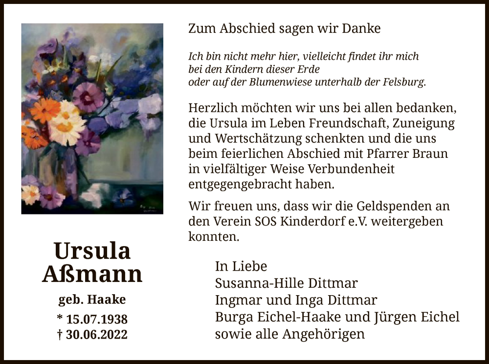  Traueranzeige für Ursula Aßmann vom 06.08.2022 aus HNA