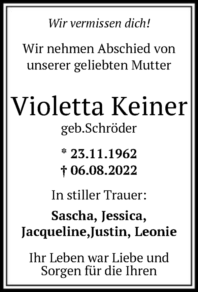  Traueranzeige für Violetta Keiner vom 13.08.2022 aus HNA