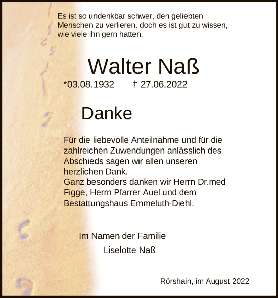 Traueranzeige von Walter Naß von HNA