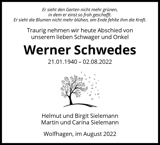 Traueranzeige von Werner Schwedes von HNA