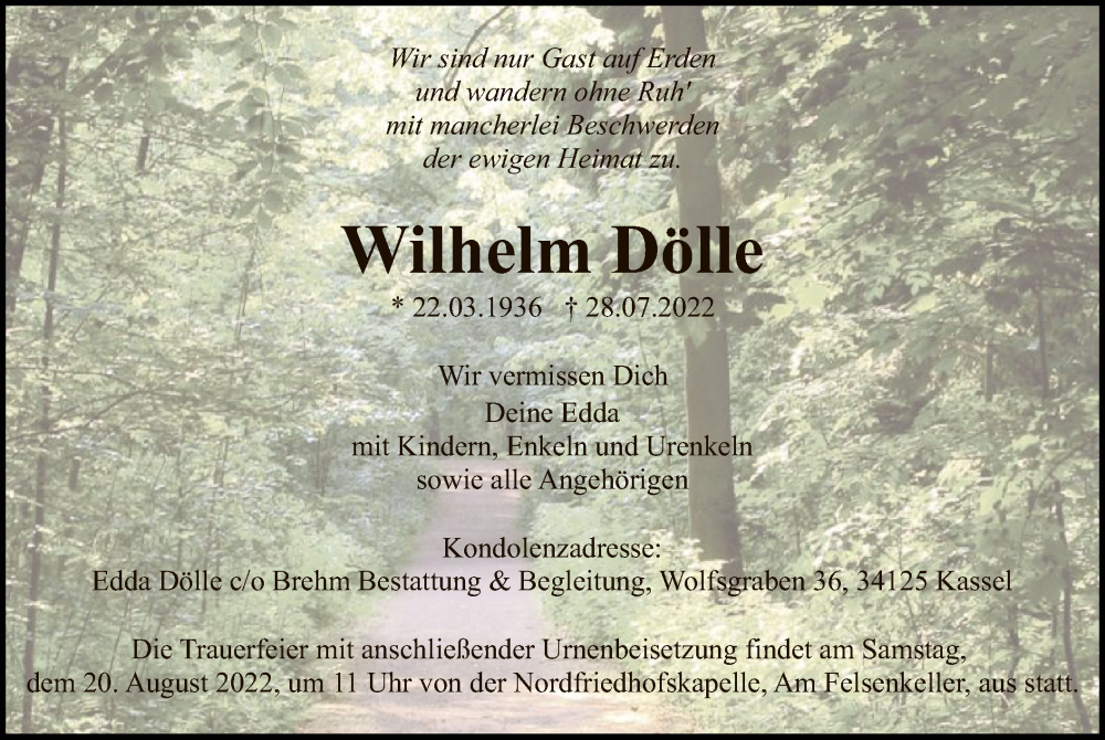  Traueranzeige für Wilhelm Dölle vom 13.08.2022 aus HNA