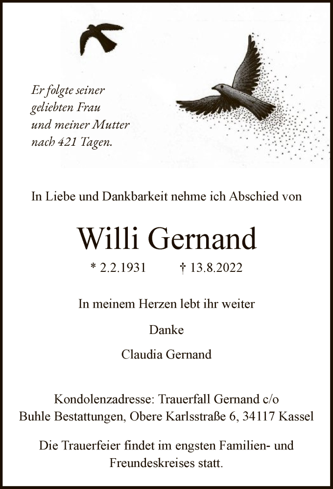  Traueranzeige für Willi Gernand vom 27.08.2022 aus HNA
