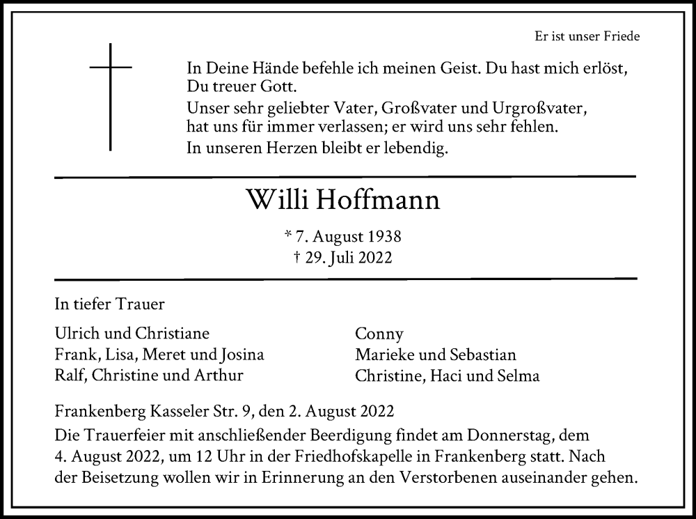  Traueranzeige für Willi Hoffmann vom 02.08.2022 aus HNA