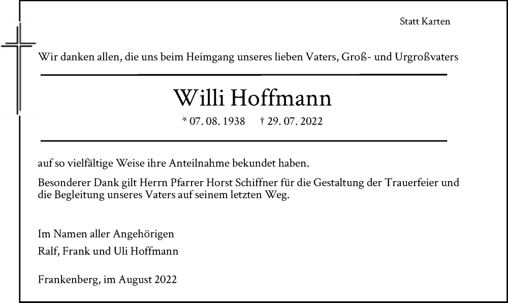  Traueranzeige für Willi Hoffmann vom 30.08.2022 aus HNA