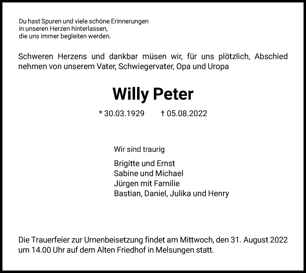  Traueranzeige für Willy Peter vom 26.08.2022 aus HNA
