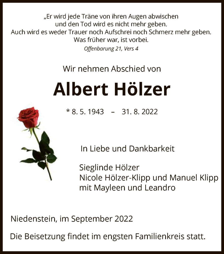  Traueranzeige für Albert Hölzer vom 10.09.2022 aus HNA