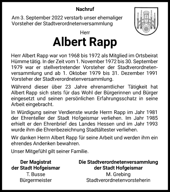 Traueranzeigen von Albert Rapp | Trauer.HNA.de