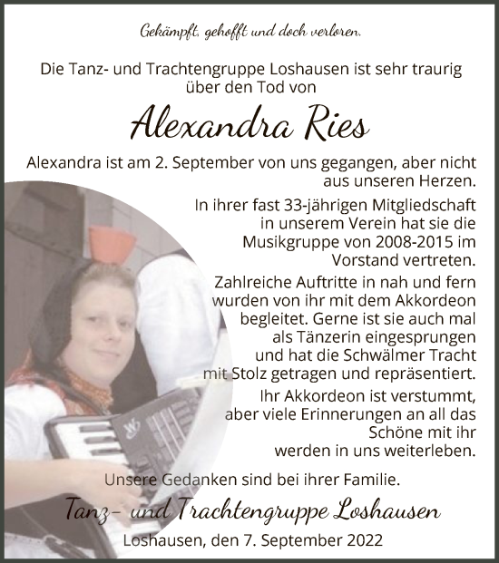 Traueranzeige von Alexandra Ries von HNA