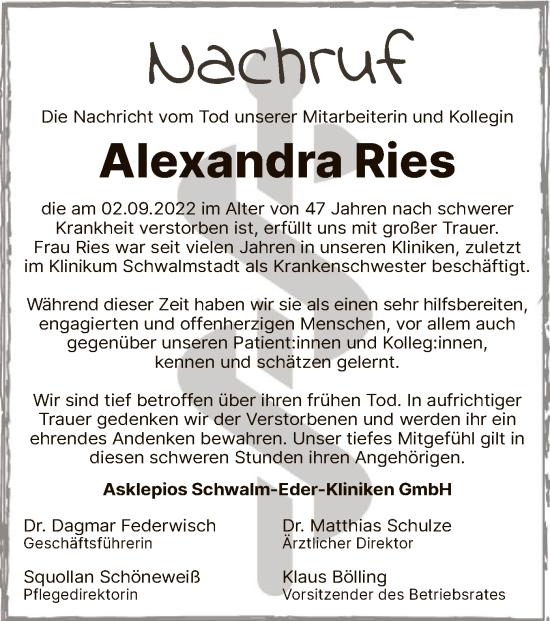 Traueranzeige von Alexandra Ries von HNA