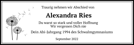 Traueranzeige von Alexandra Ries von HNA