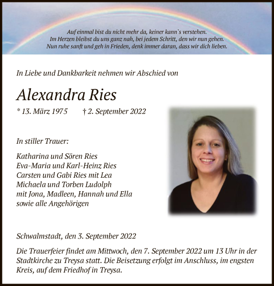 Traueranzeige von Alexandra Ries von HNA