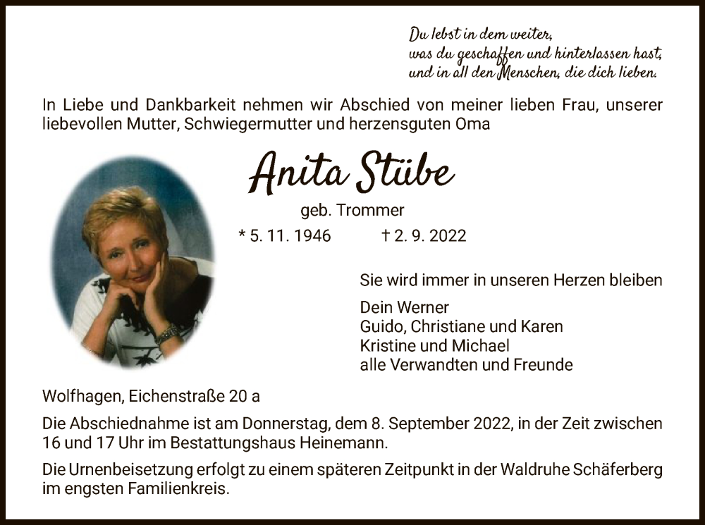  Traueranzeige für Anita Stübe vom 07.09.2022 aus HNA