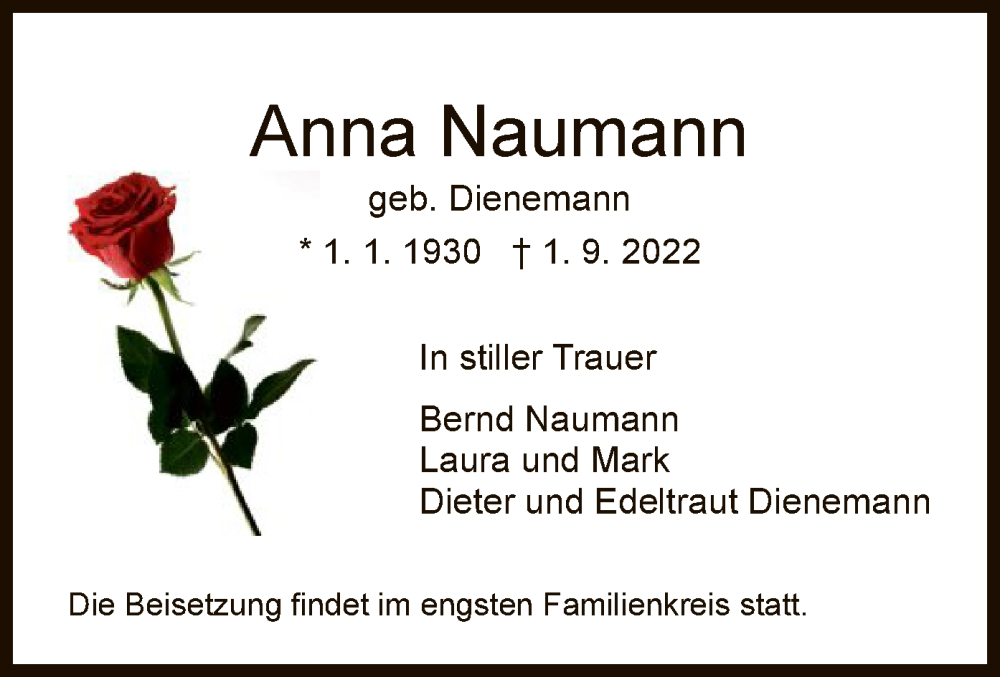 Traueranzeige für Anna Naumann vom 13.09.2022 aus HNA