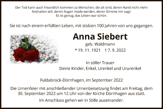 Traueranzeige von Anna Siebert von HNA