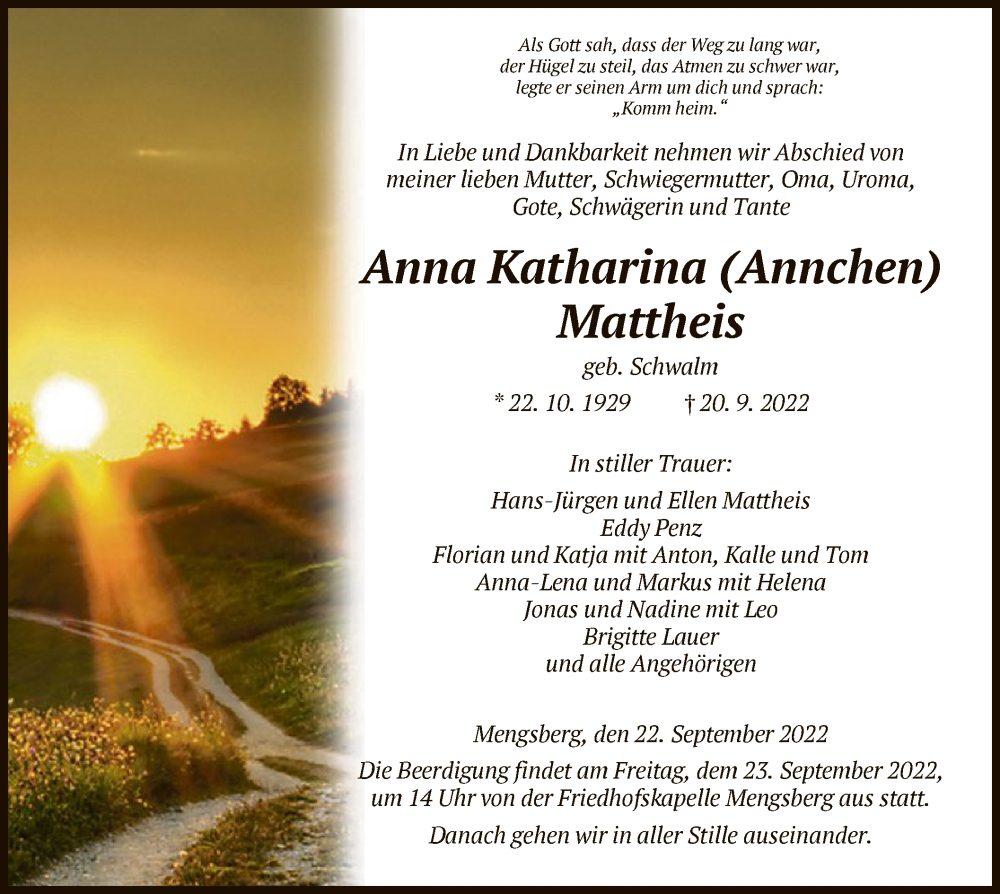  Traueranzeige für Anna Katharina Mattheis vom 22.09.2022 aus HNA